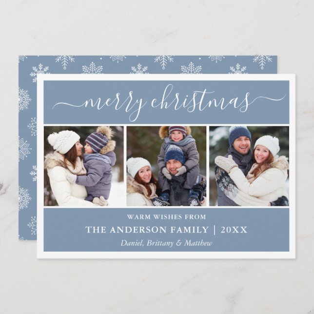 Calligraphy Snowflakes Christmas Blue 3 Photo Holiday Card (Front/Back)