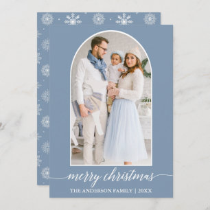 Calligraphy Snowflakes Photo Arch Dusty Blue Holiday Card