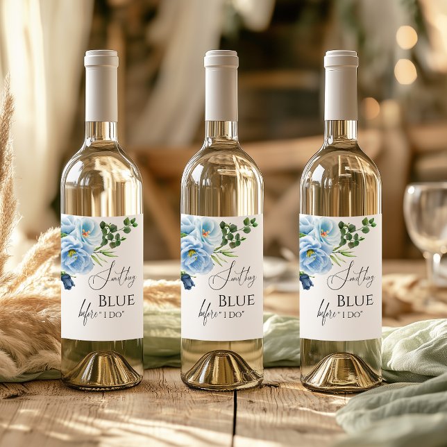Calligraphy Something Blue Floral Bridal Shower Wine Label (Creator Uploaded)