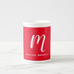 Calligraphy stylish red white monogram your name bone china mug<br><div class="desc">This template is ideal for those who are looking for a design that is catchy, reminding you, and suitable for your personality and work discipline. You can easily replace all the information on it with your own information. All you have to do for this is to use the personalisation links...</div>