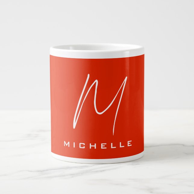 Calligraphy stylish red white monogram your name large coffee mug (Front)