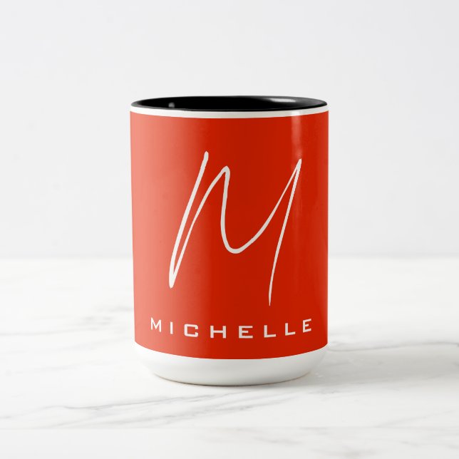 Calligraphy stylish red white monogram your name Two-Tone coffee mug (Center)