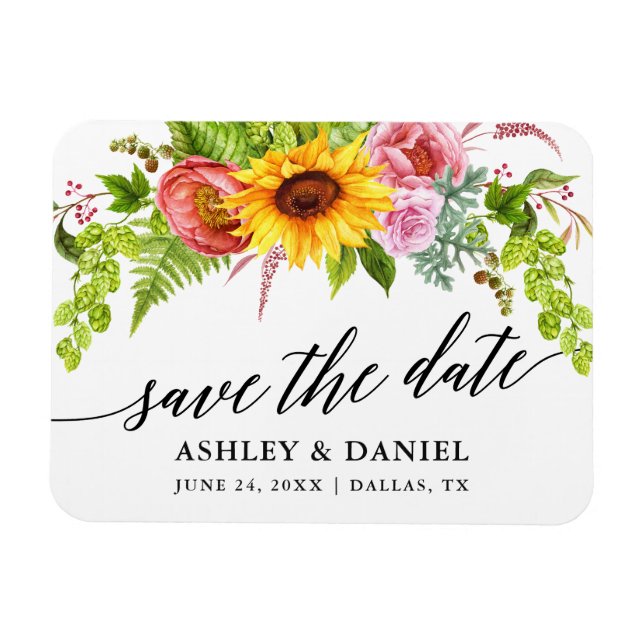 Calligraphy Sunflower Boho Floral Save The Date Magnet (Horizontal)