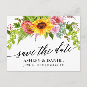 Calligraphy Sunflower Boho Floral Save The Date Postcard