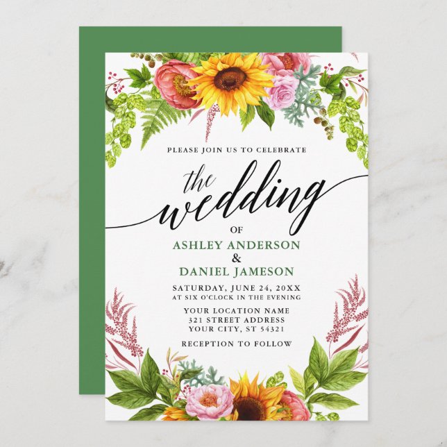 Calligraphy Sunflower Boho Floral Wedding Green Invitation (Front/Back)