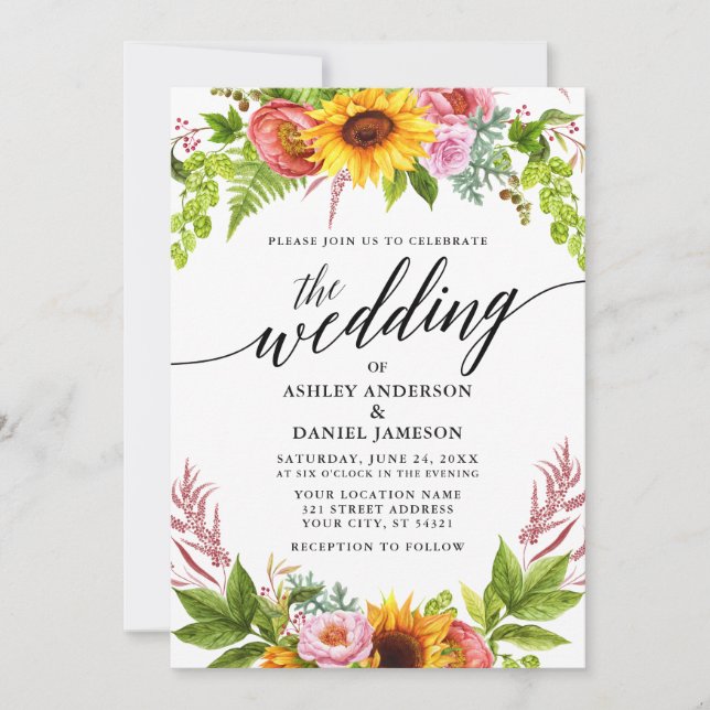 Calligraphy Sunflower Boho Floral Wedding Invitation (Front)