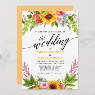 Calligraphy Sunflower Floral Golden Yellow Wedding Invitation
