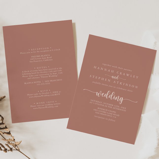 Calligraphy Terracotta Front & Back Wedding  Invitation (Creator Uploaded)