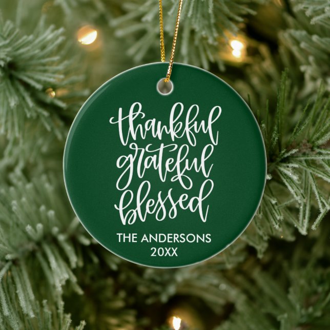 Calligraphy Thankful Grateful Blessed Green Ceramic Tree Decoration (Tree)