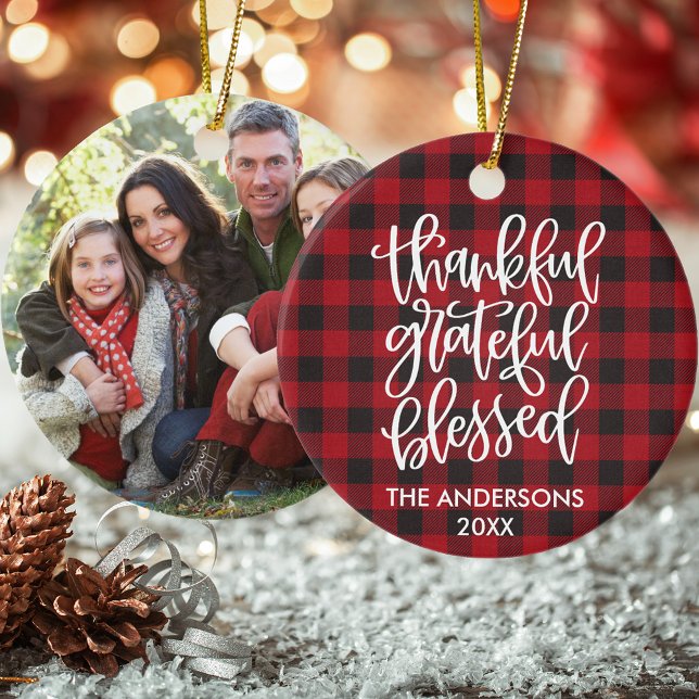 Calligraphy Thankful Grateful Blessed Plaid Photo Ceramic Tree Decoration (Customize to change your personalized text size or text style.)