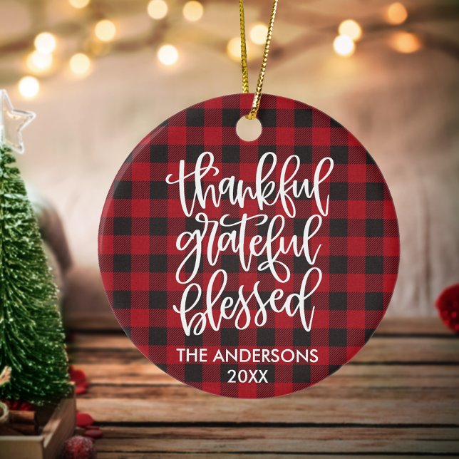 Calligraphy Thankful Grateful Blessed Red Plaid Ceramic Tree Decoration (Customize to change your personalized text size or text style.)