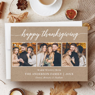 Calligraphy Thanksgiving Kraft 3 Photo Holiday Card