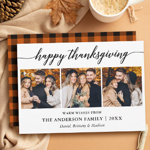 Calligraphy Thanksgiving Plaid 3 Photos Holiday Card