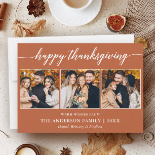 Calligraphy Thanksgiving Terracotta 3 Photo Holiday Card