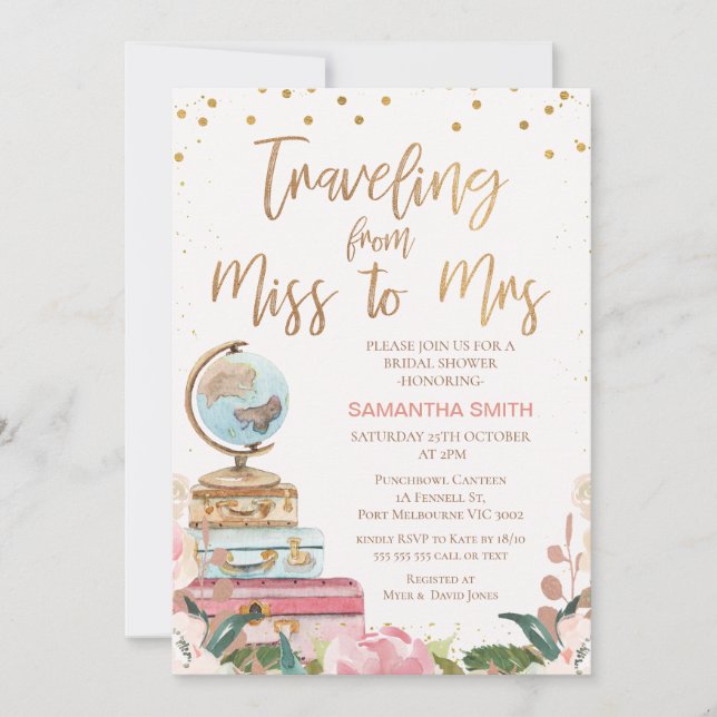 Calligraphy Traveling Miss to Mrs Bridal Shower Invitation (Front)