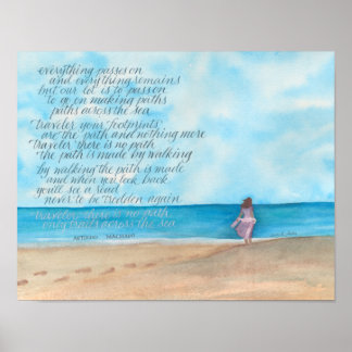 Calligraphy Traveller Poem on Watercolor Beach Poster