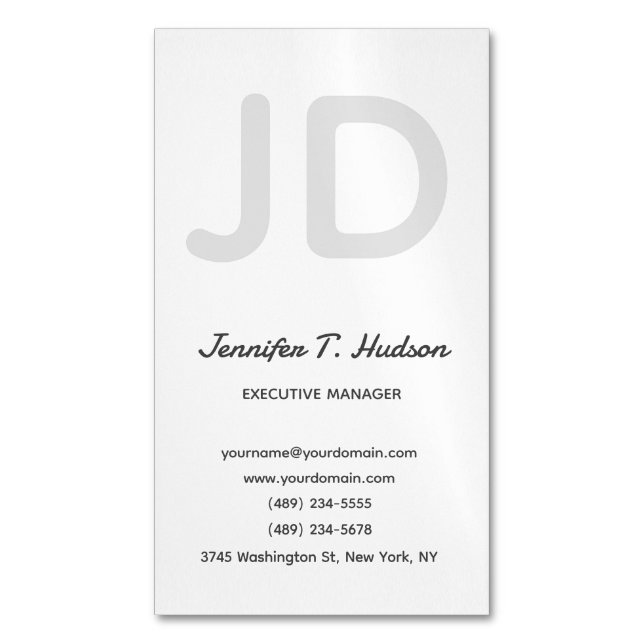 Calligraphy trendy classical script monogram grey magnetic business card (Front Vertical)