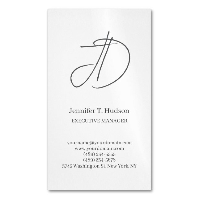 Calligraphy trendy classical script monogram grey magnetic business card (Front Vertical)