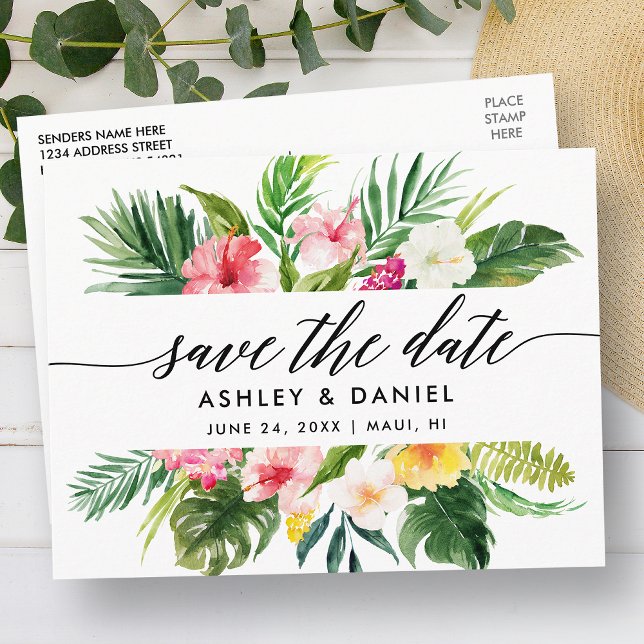 Calligraphy Tropical Floral Save The Date Postcard (Customize to change your personalized text size or text style.)