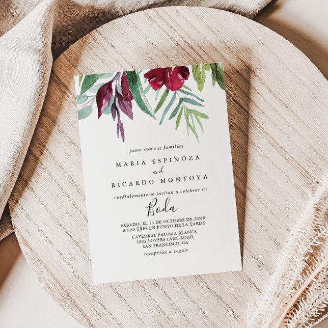 Calligraphy Tropical Floral Spanish Wedding Invitation (Creator Uploaded)