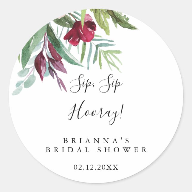 Calligraphy Tropical Sip Sip Hooray Bridal Shower Classic Round Sticker (Front)