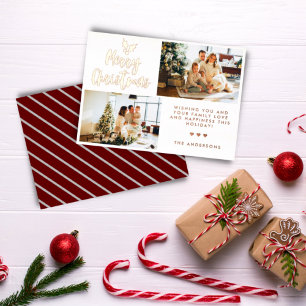 Calligraphy Two Photo Striped Christmas Rose Gold