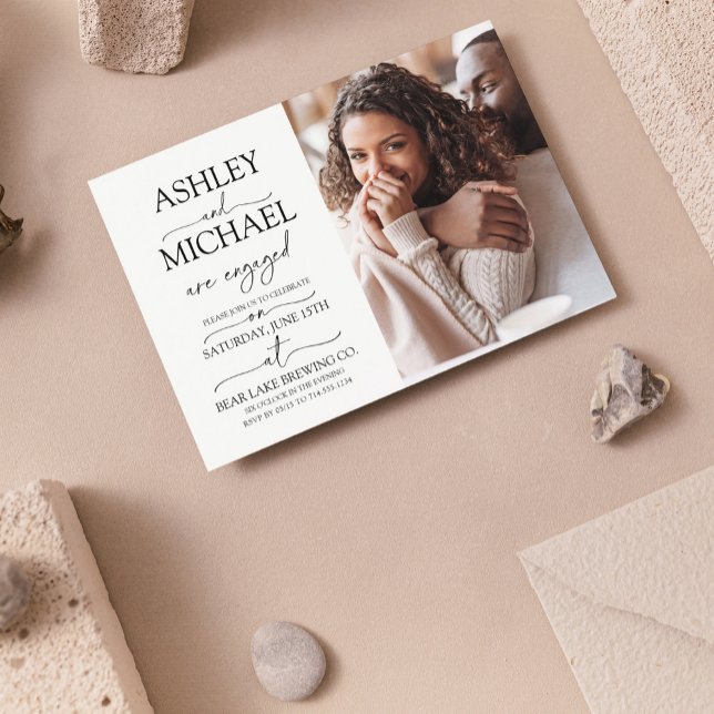 Calligraphy Typography 2 Photo Engagement Party Invitation (We're Engaged! Come Celebrate Our Love at Our Engagement Party. 🥂💍)