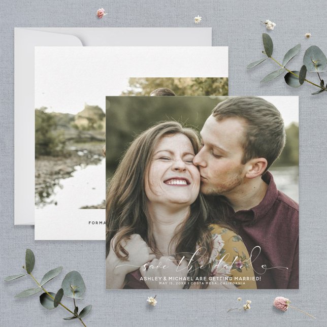 Calligraphy Typography Square 2 Photo Wedding Save The Date (Creator Uploaded)