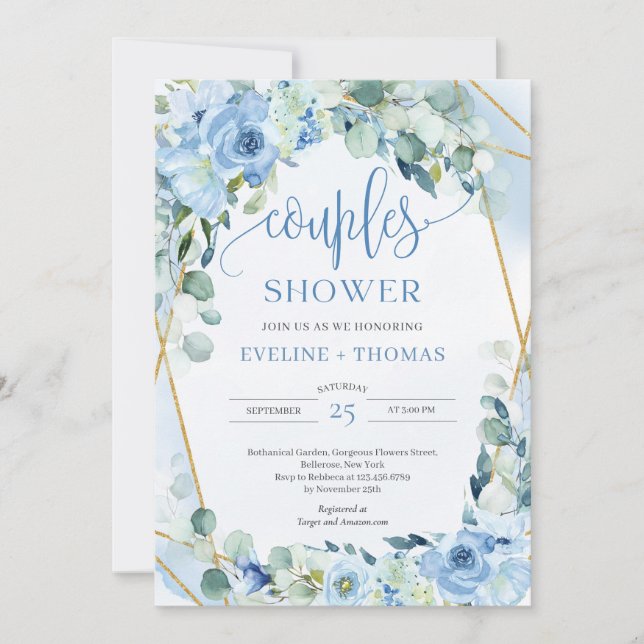 Calligraphy watercolor blue floral couples shower invitation (Front)