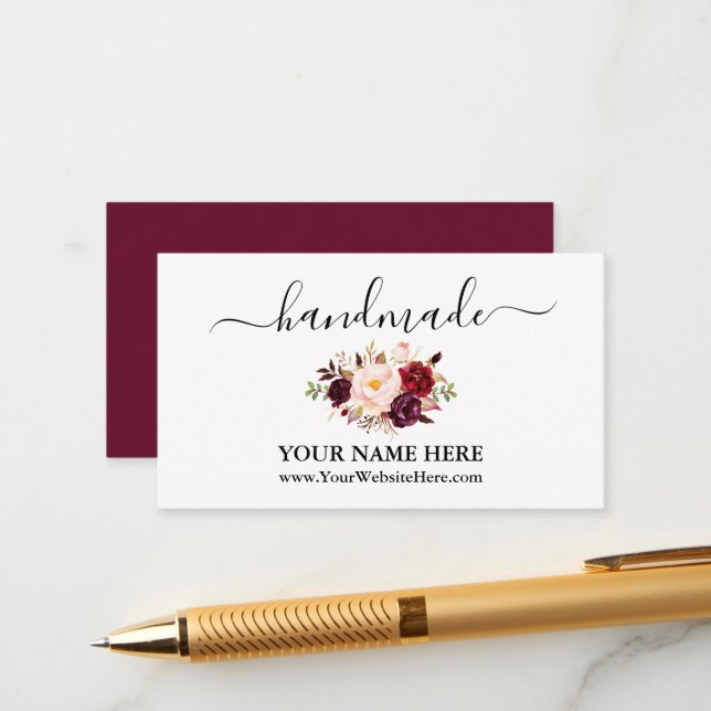 Calligraphy Watercolor Burgundy Floral Handmade  Enclosure Card (Front/Back In Situ)