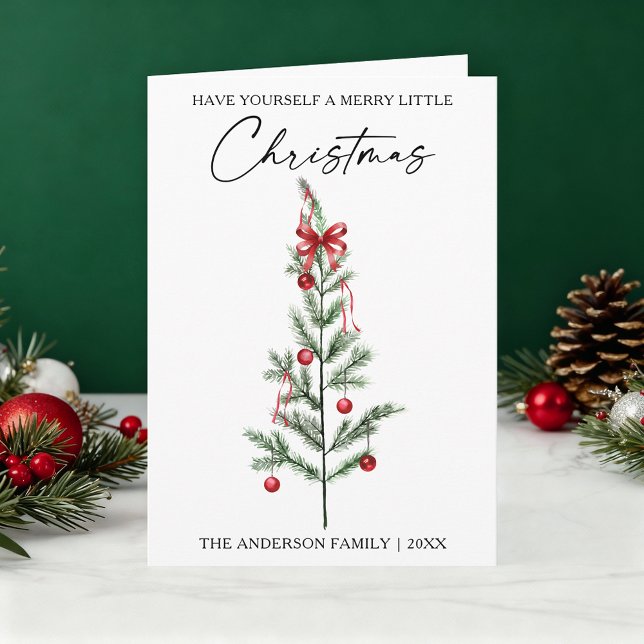 Calligraphy Watercolor Christmas Tree Red Bow Fold Holiday Card (Customize to change your personalized text size or text style.)