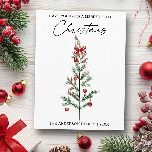 Calligraphy Watercolor Christmas Tree Red Bow Holiday Postcard (Customize to change your personalized text size or text style.)