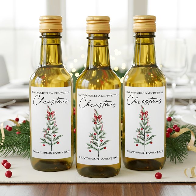 Calligraphy Watercolor Christmas Tree Red Bow Mini Wine Label (Customize to change your personalized text size or text style.)