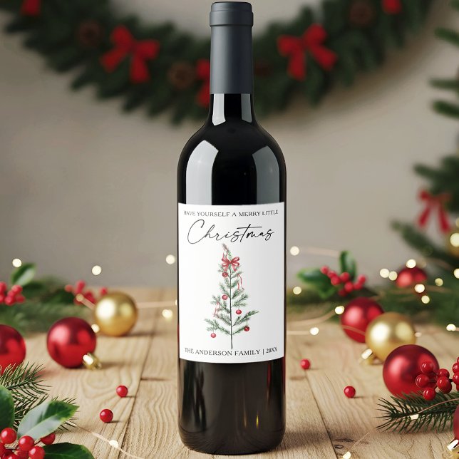 Calligraphy Watercolor Christmas Tree Red Bow Wine Label (Customize to change your personalized text size or text style.)