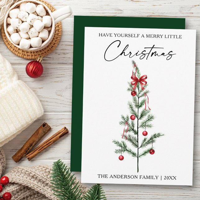 Calligraphy Watercolor Christmas Tree with Red Bow Holiday Card (Customize to change your personalized text size or text style.)