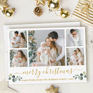 Calligraphy Watercolor Eucalyptus Gold Christmas Holiday Card