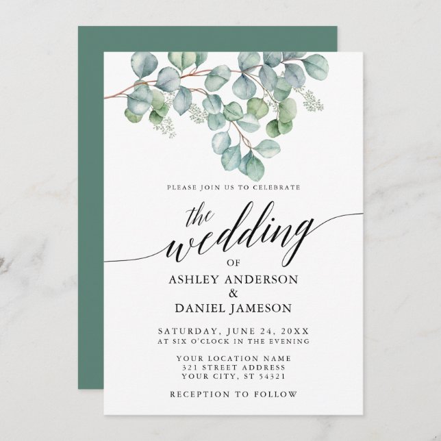 Calligraphy Watercolor Eucalyptus Greenery Wedding Invitation (Front/Back)