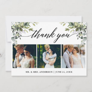 Calligraphy Watercolor Greenery Wedding 3 Photo Thank You Card