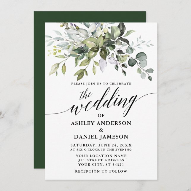 Calligraphy Watercolor Greenery Wedding Invitation (Front/Back)