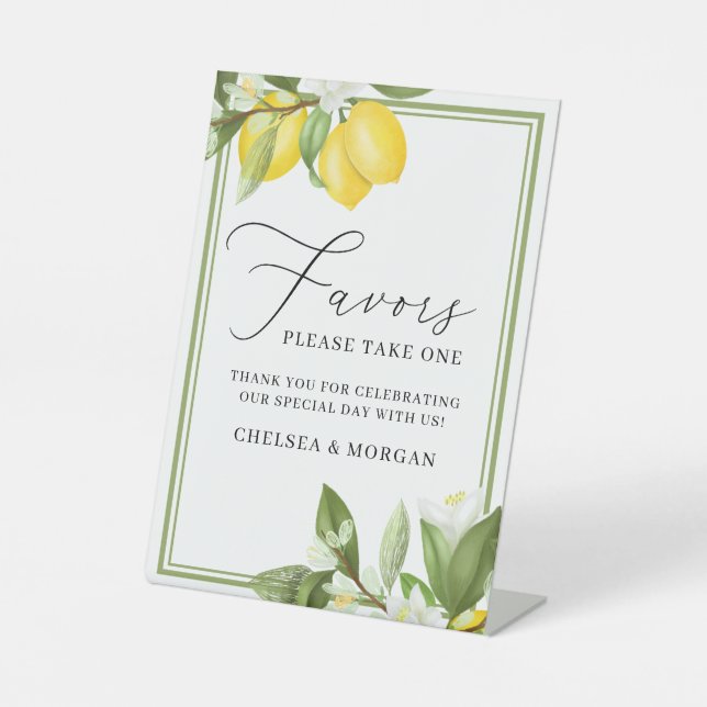 Calligraphy Watercolor Lemons Wedding Favour Pedestal Sign (Front)