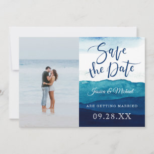 Calligraphy Watercolor Navy Deep Blue Photo Save The Date
