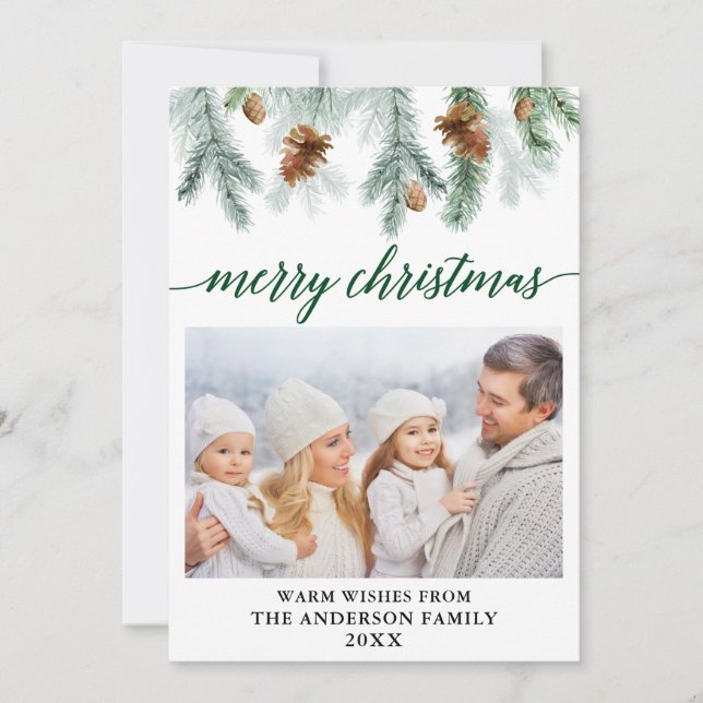 Calligraphy Watercolor Pine Cones Green Christmas Holiday Card (Front)