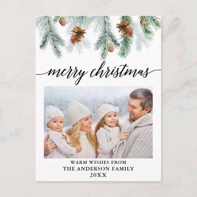Calligraphy Watercolor Pine Cones Photo Christmas Postcard (Front)