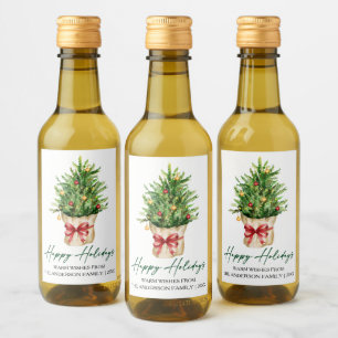 Calligraphy Watercolor Pine Red Bow Holiday Mini Wine Label