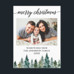 Calligraphy Watercolor Pine Trees Photo Christmas Postcard<br><div class="desc">Modern Elegant Calligraphy Script,  Watercolor Pine Trees,   Merry Christmas Family Photo Christmas Postcard</div>