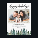 Calligraphy Watercolor Pine Trees Photo Holiday Postcard<br><div class="desc">Modern Elegant Calligraphy Script,  Watercolor Pine Trees,   Happy Holidays Family Photo Holiday Postcard</div>