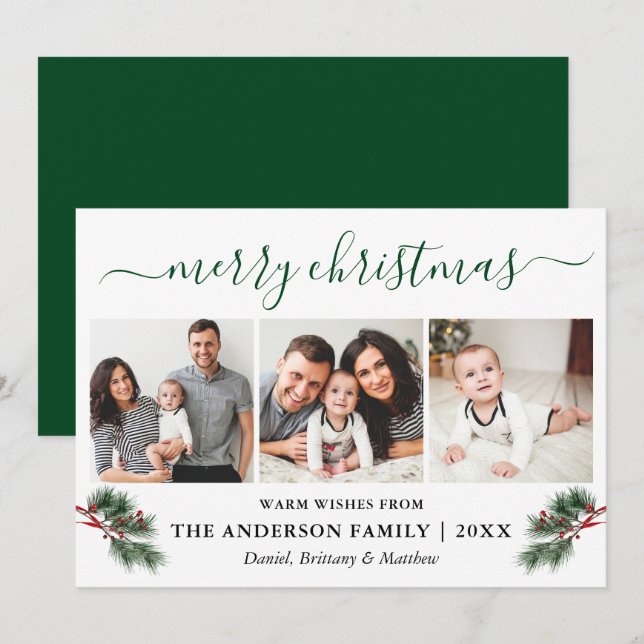 Calligraphy Watercolor Pines Berries 3 Photo Green Holiday Card (Front/Back)