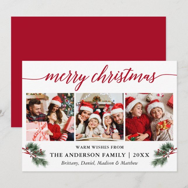 Calligraphy Watercolor Pines Berries 3 Photo Red Holiday Card (Front/Back)