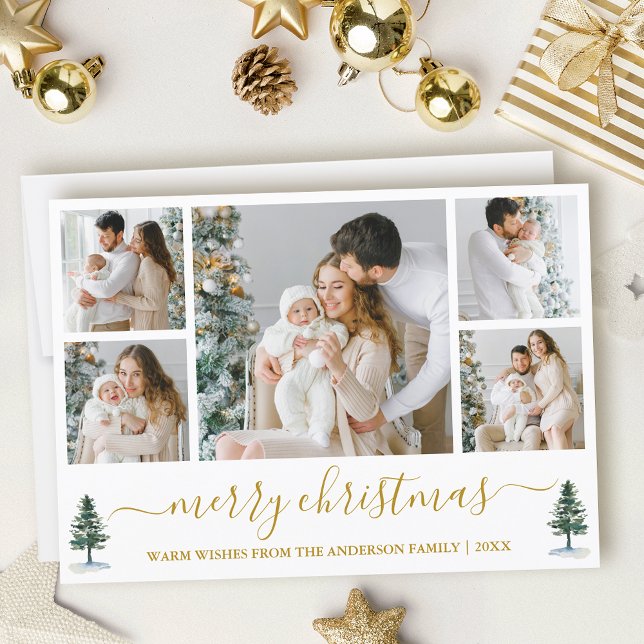 Calligraphy Watercolor Pines Gold Christmas Holiday Card (Customize to add text to back of card.)
