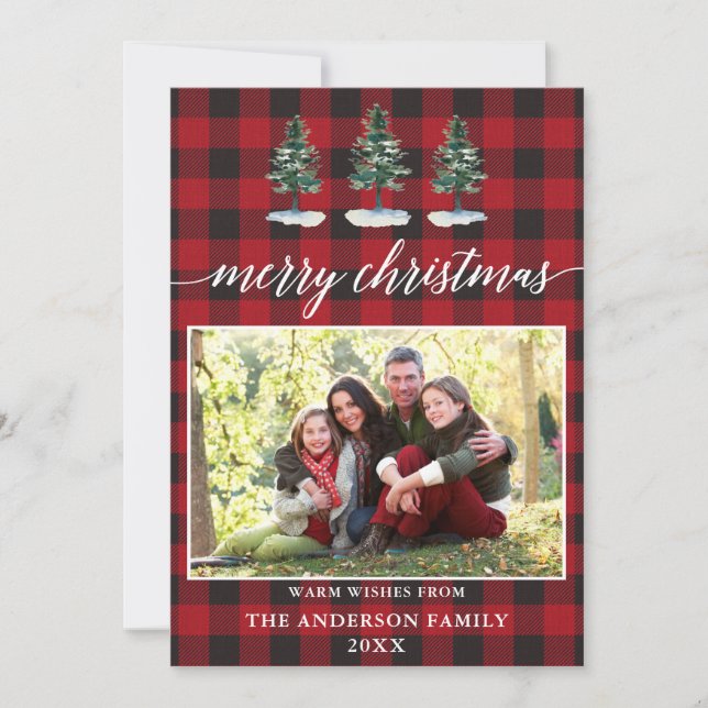 Calligraphy Watercolor Pines Plaid Photo Christmas Holiday Card (Front)
